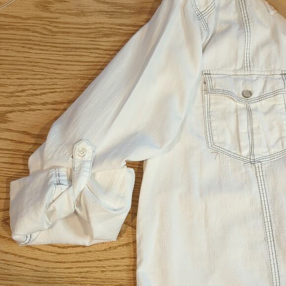 Rerun Mens White Button Front Shirt Roll Tab Sleeves Pearl Snap Large Western - Picture 8 of 8